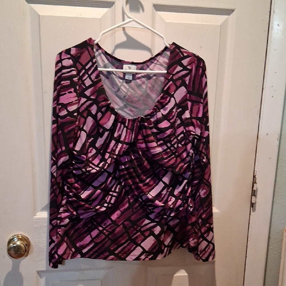 Worthington Red and Pink Graphic Ruched Blouse